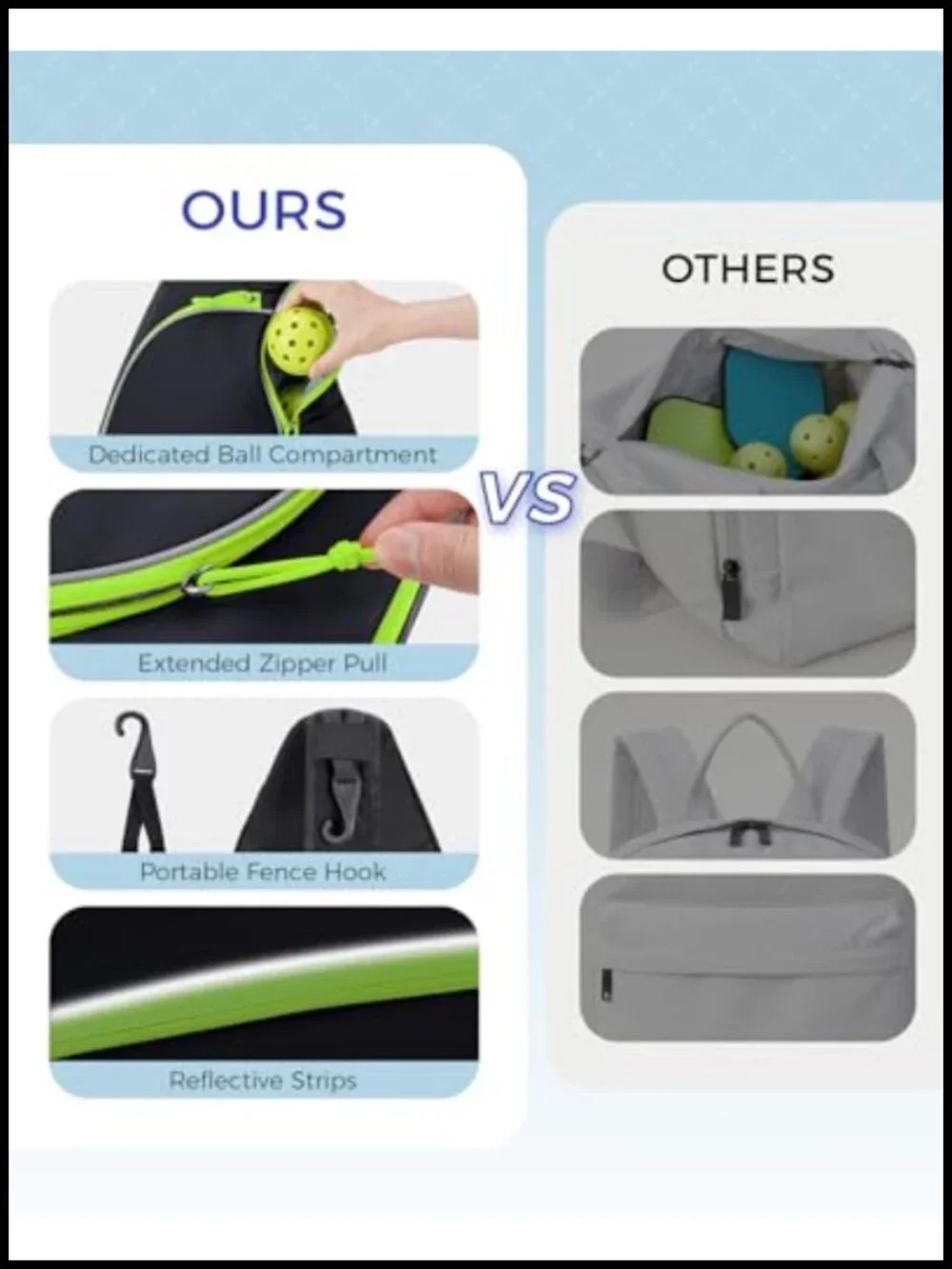 Pickleball Sling Bag with Paddle & Ball Compartments, Fence Hook,